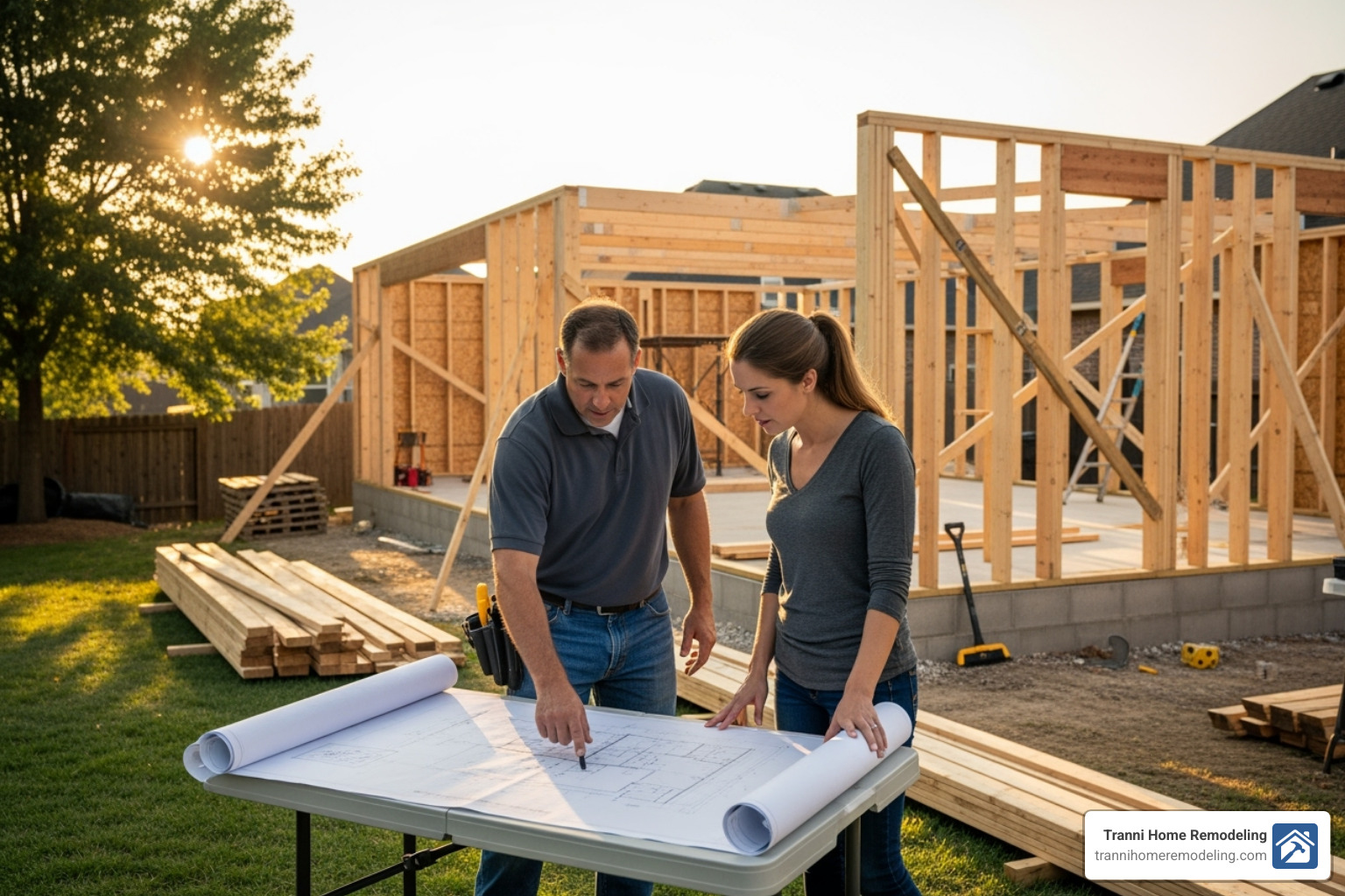 of a contractor and homeowner reviewing blueprints for a garage addition - Garage Additions