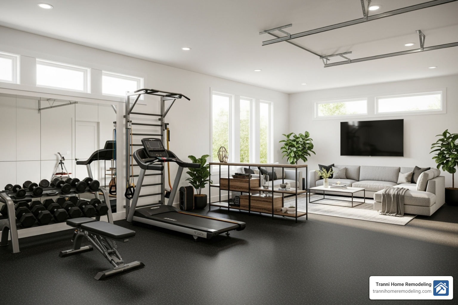 of a stunning garage interior converted into a home gym and lounge area - Garage Additions