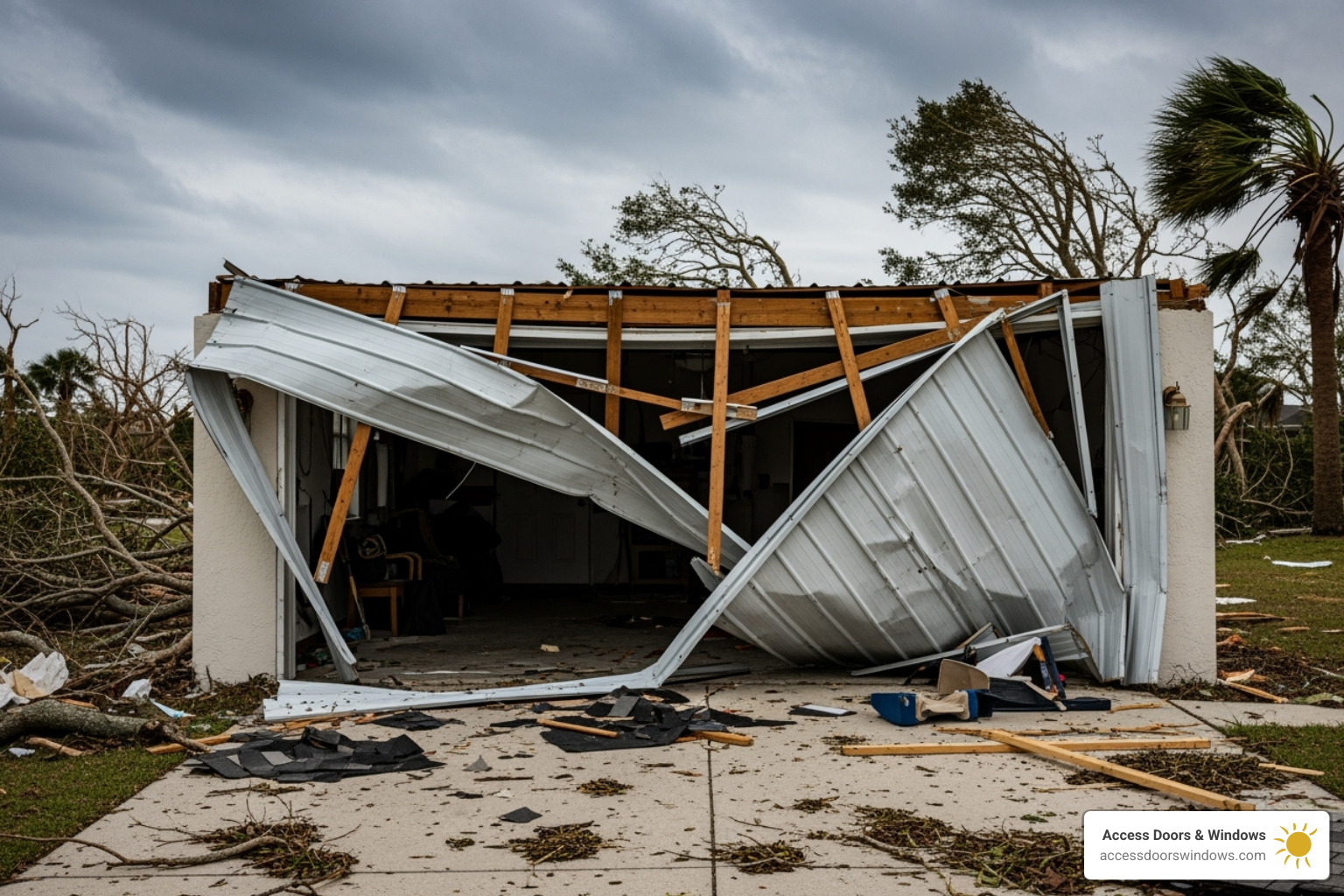 standard garage door destroyed by hurricane winds - hurricane impact garage doors near me
