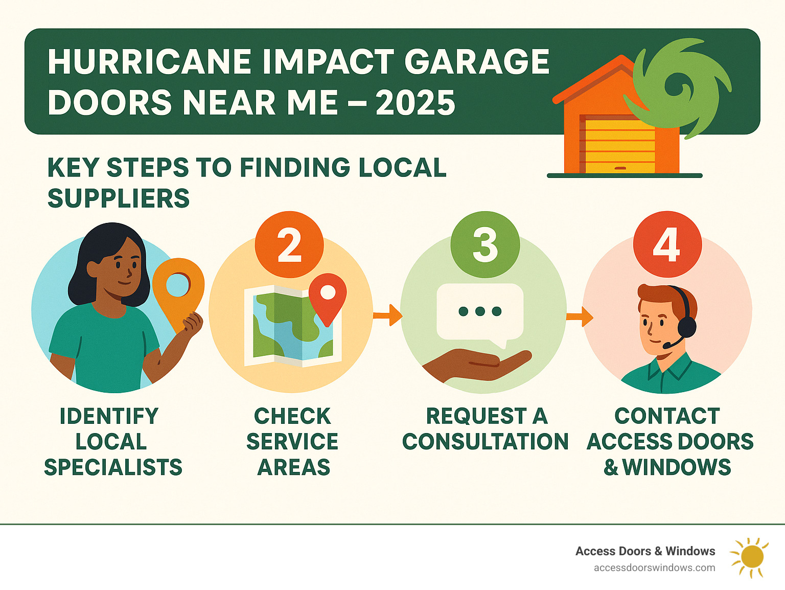 Infographic showing key steps to finding local hurricane impact garage door suppliers, including contacting Access Doors & Windows for consultation and installation. - hurricane impact garage doors near me infographic 