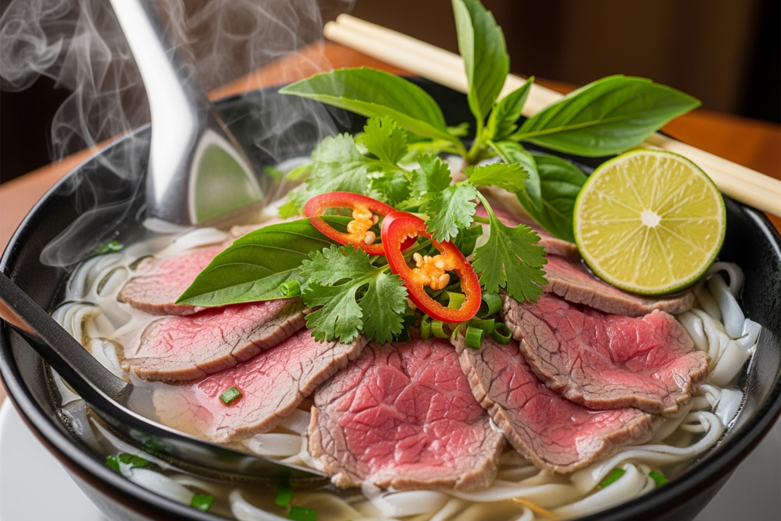 Steaming bowl of Pho with fresh herbs - hanoi street food tour
