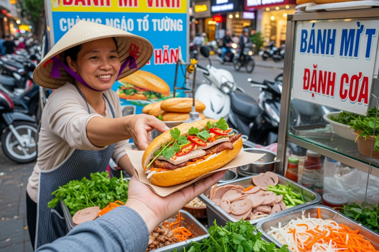 Freshly made Banh Mi being handed to a customer - hanoi street food tour