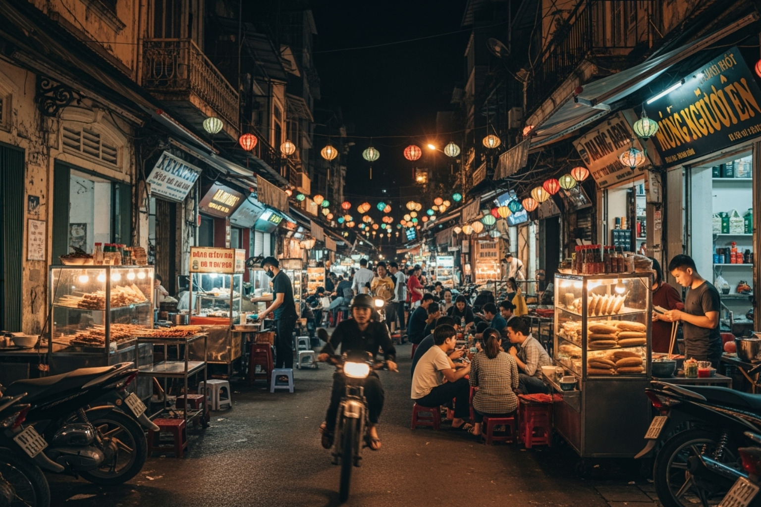 Vibrant Hanoi street scene at night with food stalls - hanoi street food tour