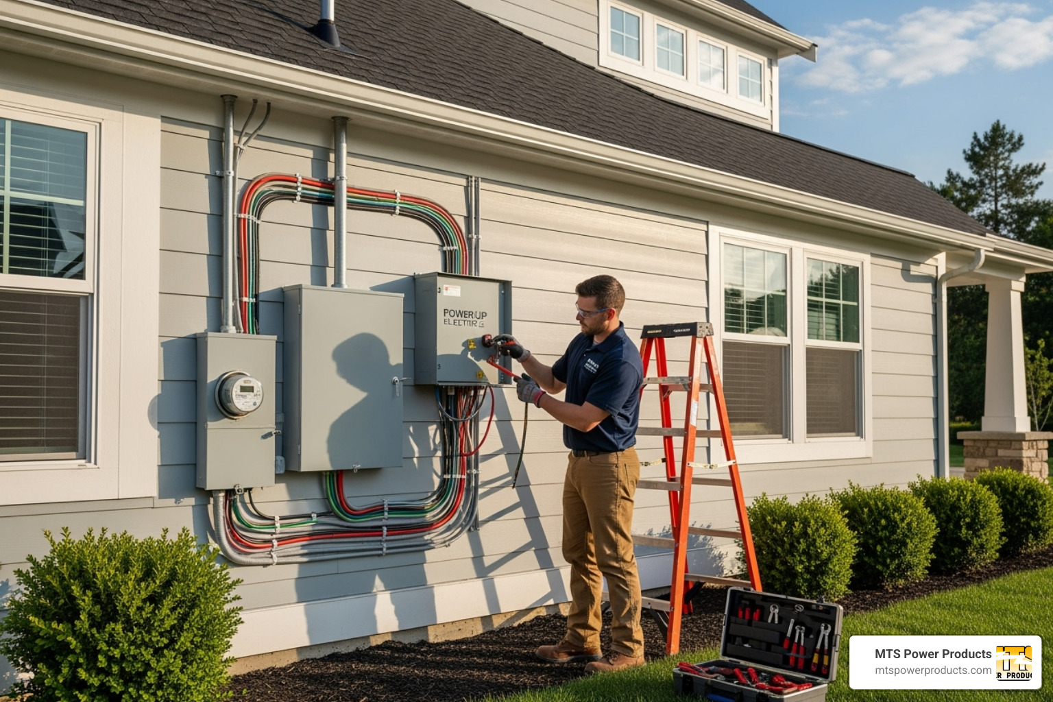 electrician installing automatic transfer switch - natural gas whole house generator