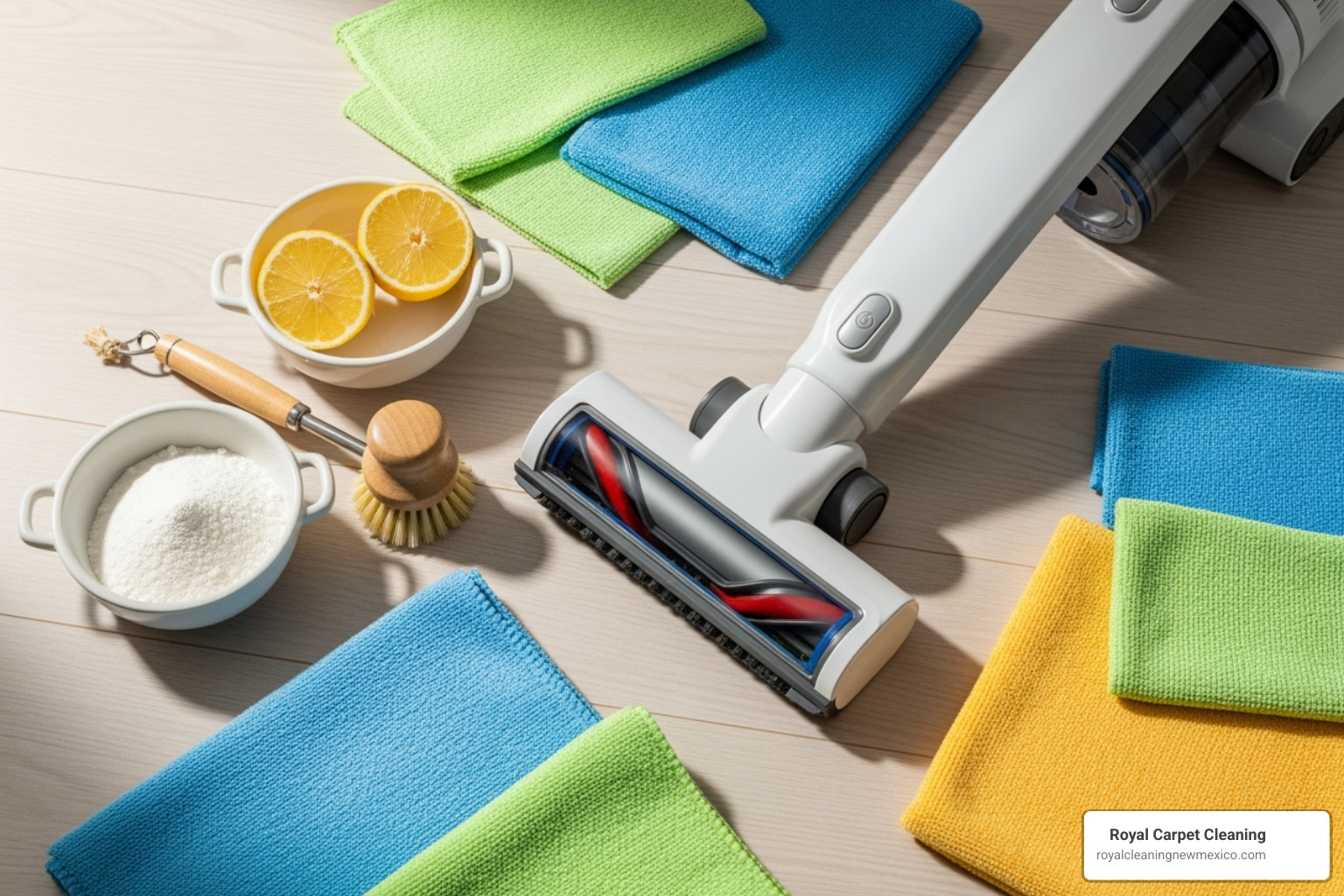 cleaning supplies laid out: microfiber cloths, vacuum with brush, small bowls - cleaning white leather chair