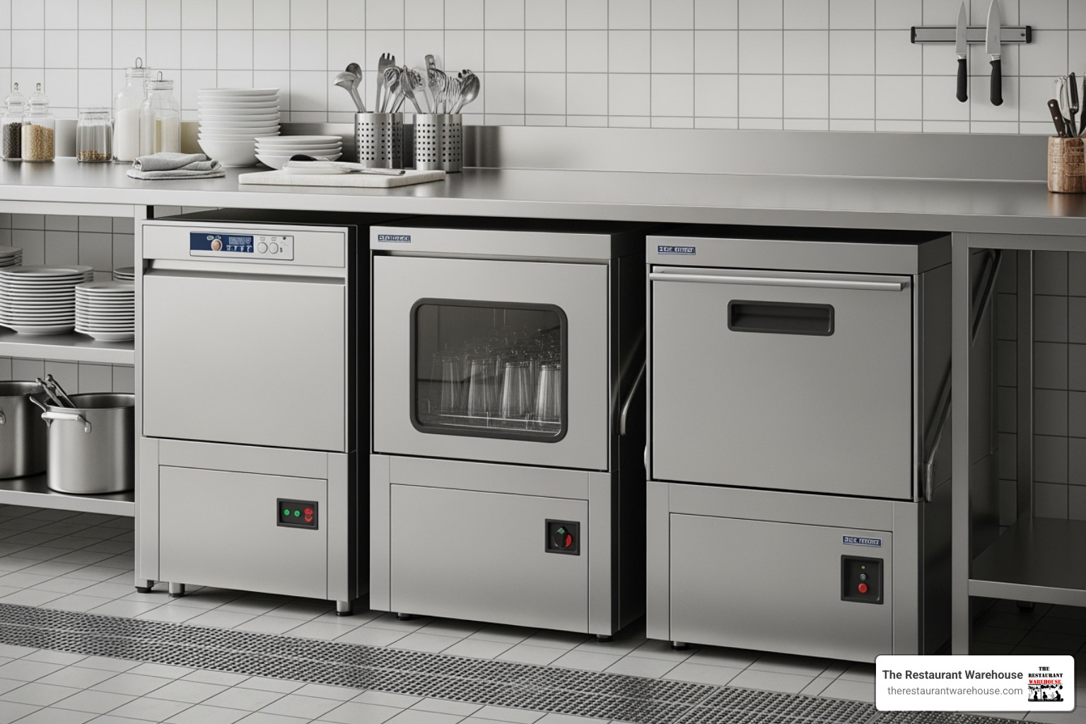 three different types of small commercial dishwashers side-by-side (undercounter, glasswasher, compact door-type) - small commercial dishwasher three different types of small commercial dishwashers side-by-side (undercounter, glasswasher, compact door-type) - small commercial dishwasher