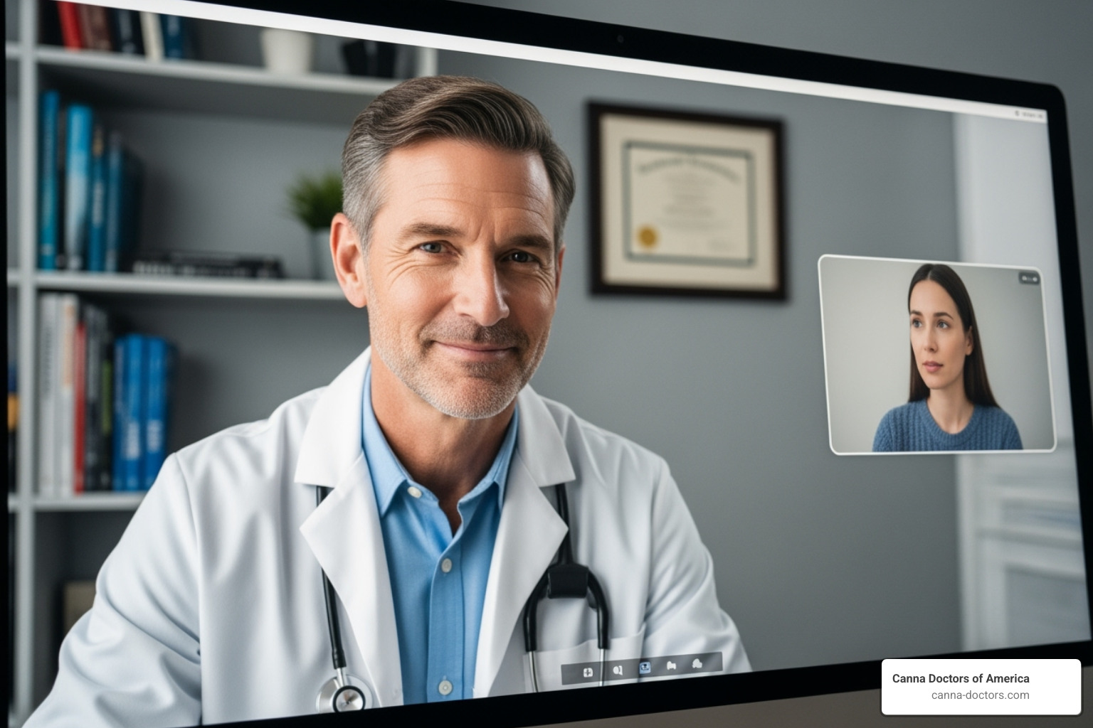 doctor consulting with a patient over a telehealth video call - mmj card