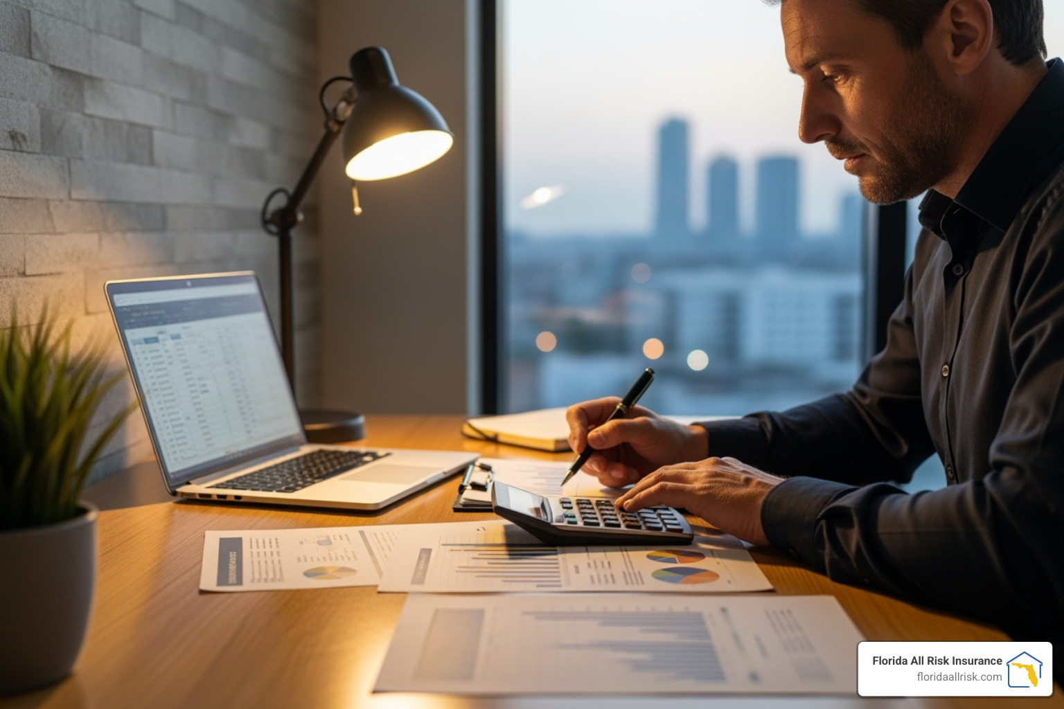 Business owner reviewing a budget with a calculator - group health insurance plan cost