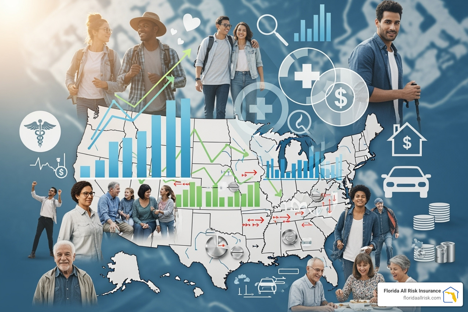 Collage representing different cost factors like location, age, and plan type - group health insurance plan cost
