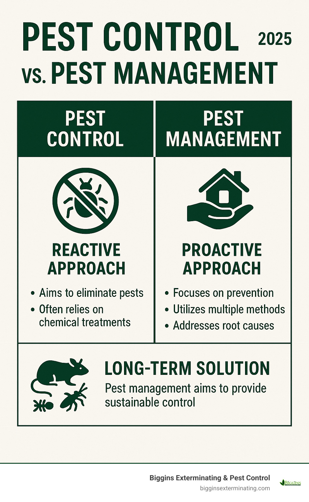 Infographic explaining the difference between pest control and pest management - pest control management infographic 