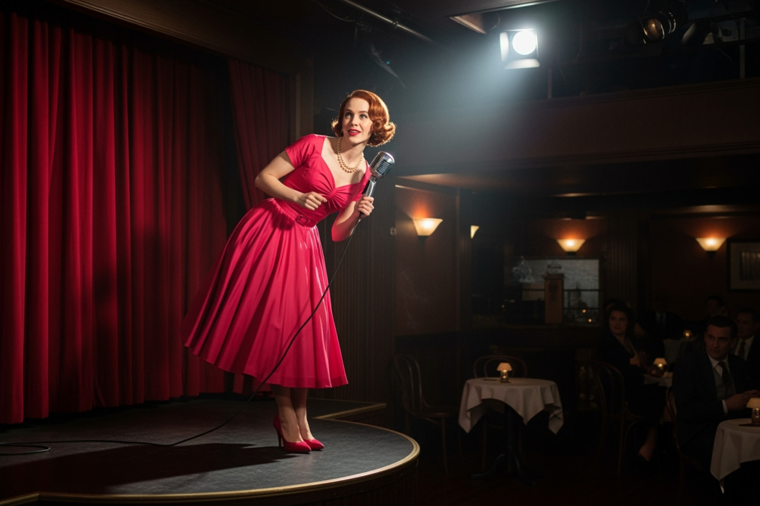 Rachel Brosnahan as Midge Maisel on stage - rachel brosnahan