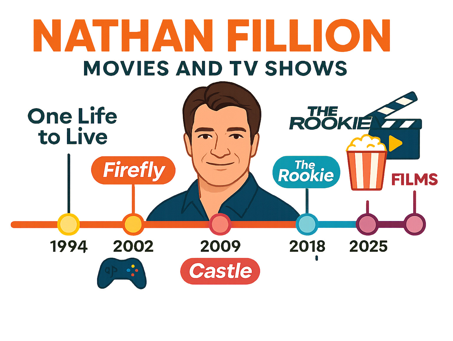 Comprehensive timeline showing Nathan Fillion's career progression from 1994 soap opera debut through current roles, including major TV series Firefly, Castle, and The Rookie, plus notable film appearances and voice acting work in video games - nathan fillion movies and tv shows infographic 
