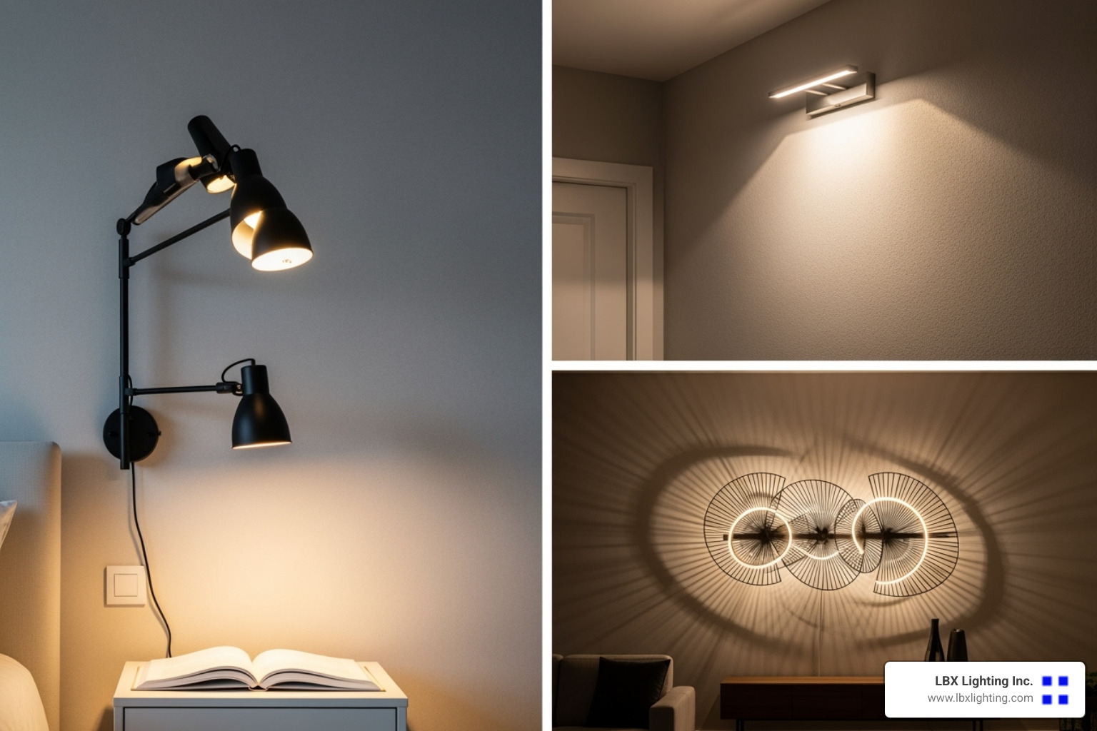 Image of three different wall sconce types: a swing-arm, an uplight, and a decorative sconce. - wall lamp for dining table