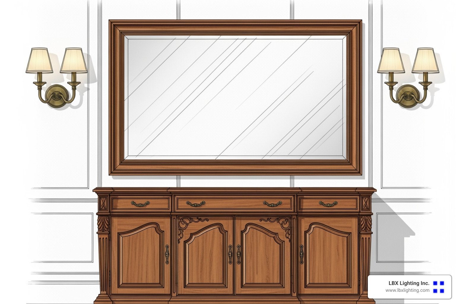 Image of a diagram showing optimal height and spacing for wall sconces around a dining table or buffet. - wall lamp for dining table
