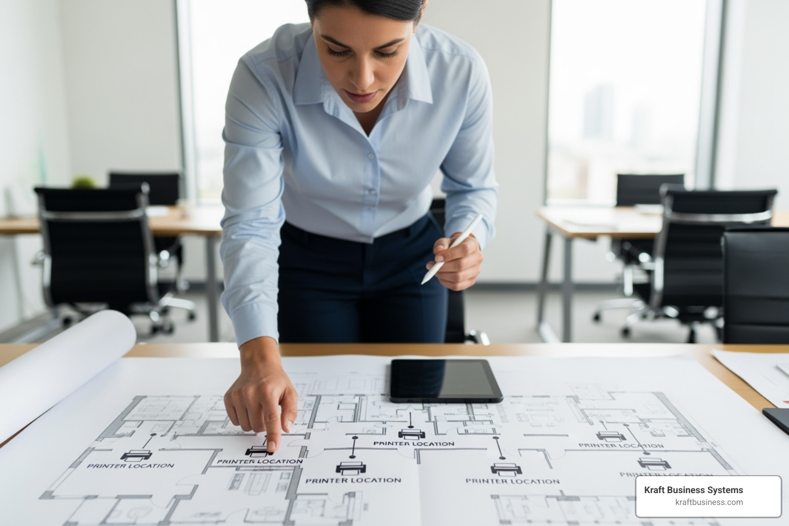 Consultant analyzing office floor plan with printer locations - managed print solutions