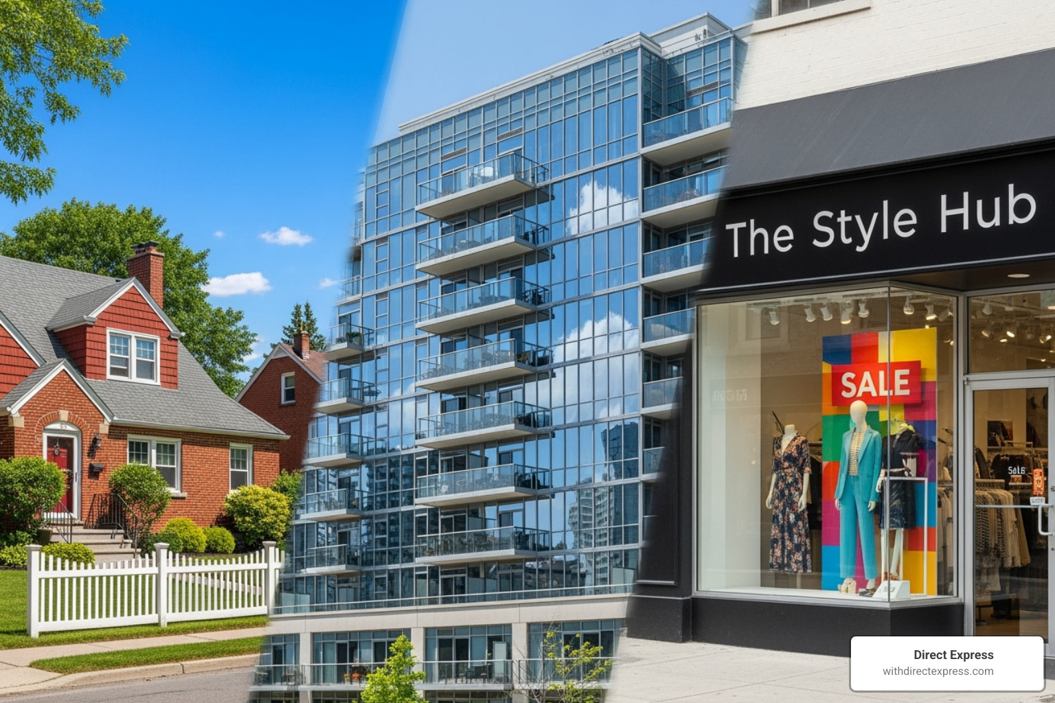 collage showing different property types (single-family home, condo building, retail space) - property management