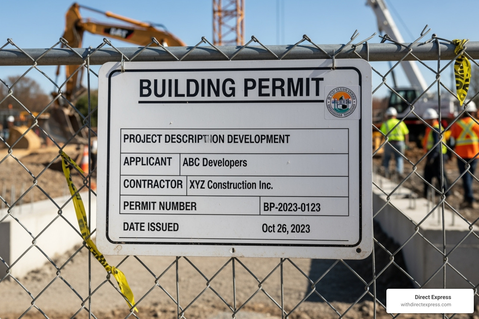 A building permit posted at a construction site, indicating official approval - property construction
