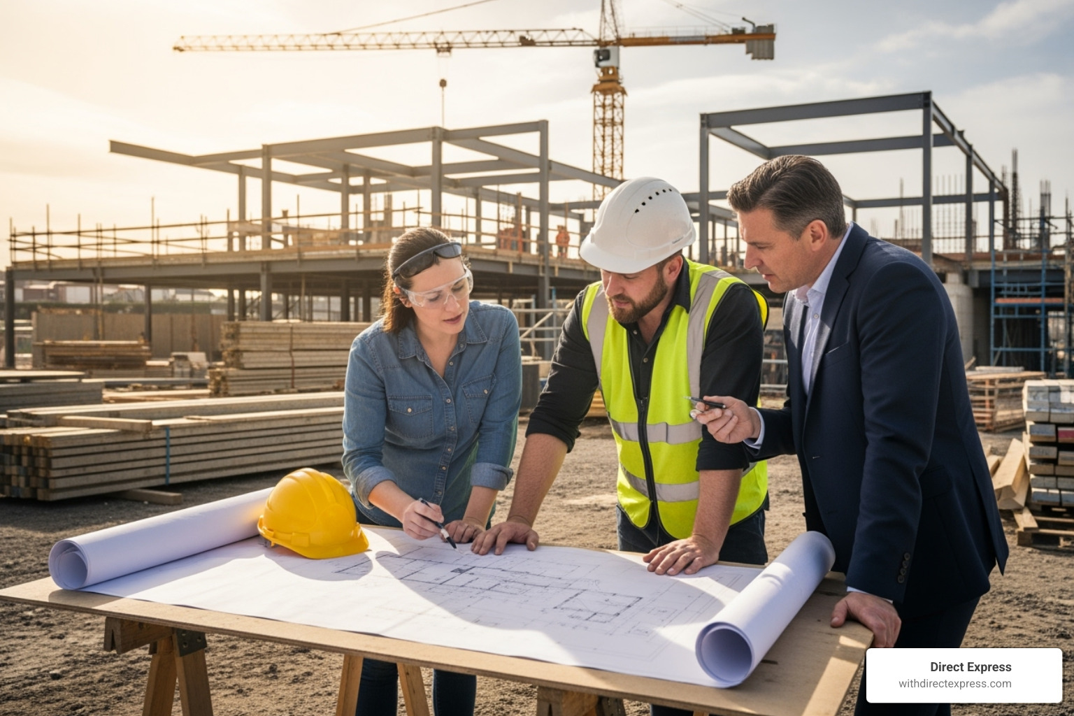 An architect, builder, and client reviewing blueprints on-site, emphasizing teamwork - property construction