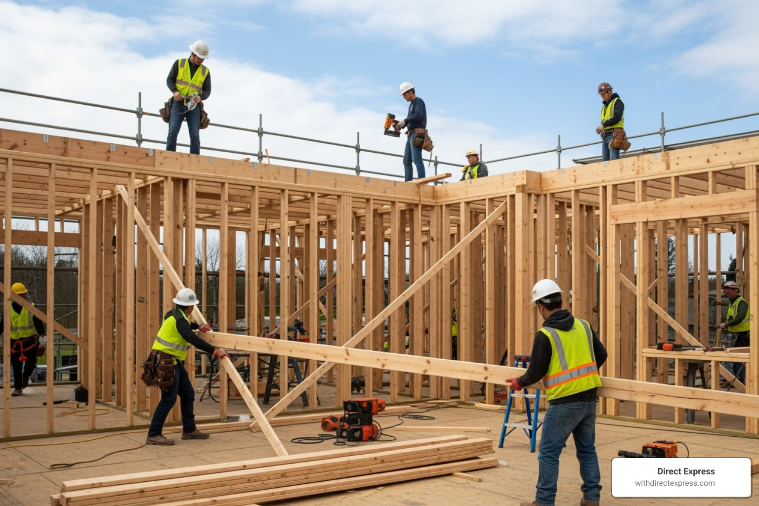A construction crew working on a house frame, showing the early stages of building - property construction