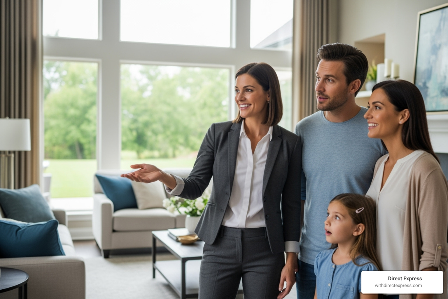 real estate agent showing a home to a family - buying a home