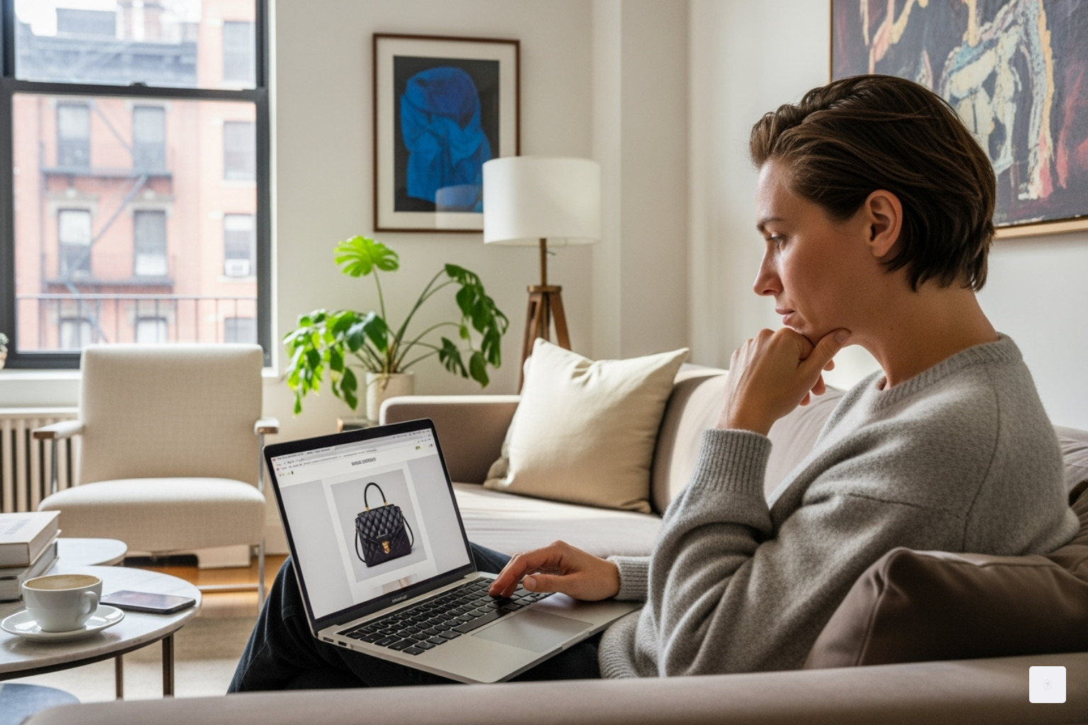person thoughtfully browsing the Quince website on a laptop in a chic New York apartment. - quince clothing