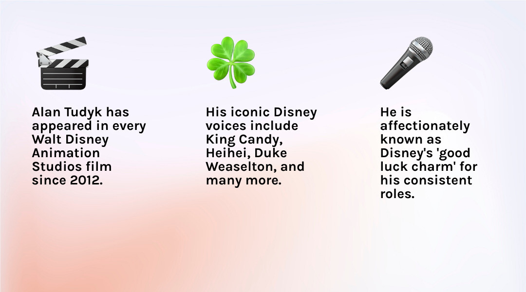 Infographic of Alan Tudyk’s Disney voice roles and their release years