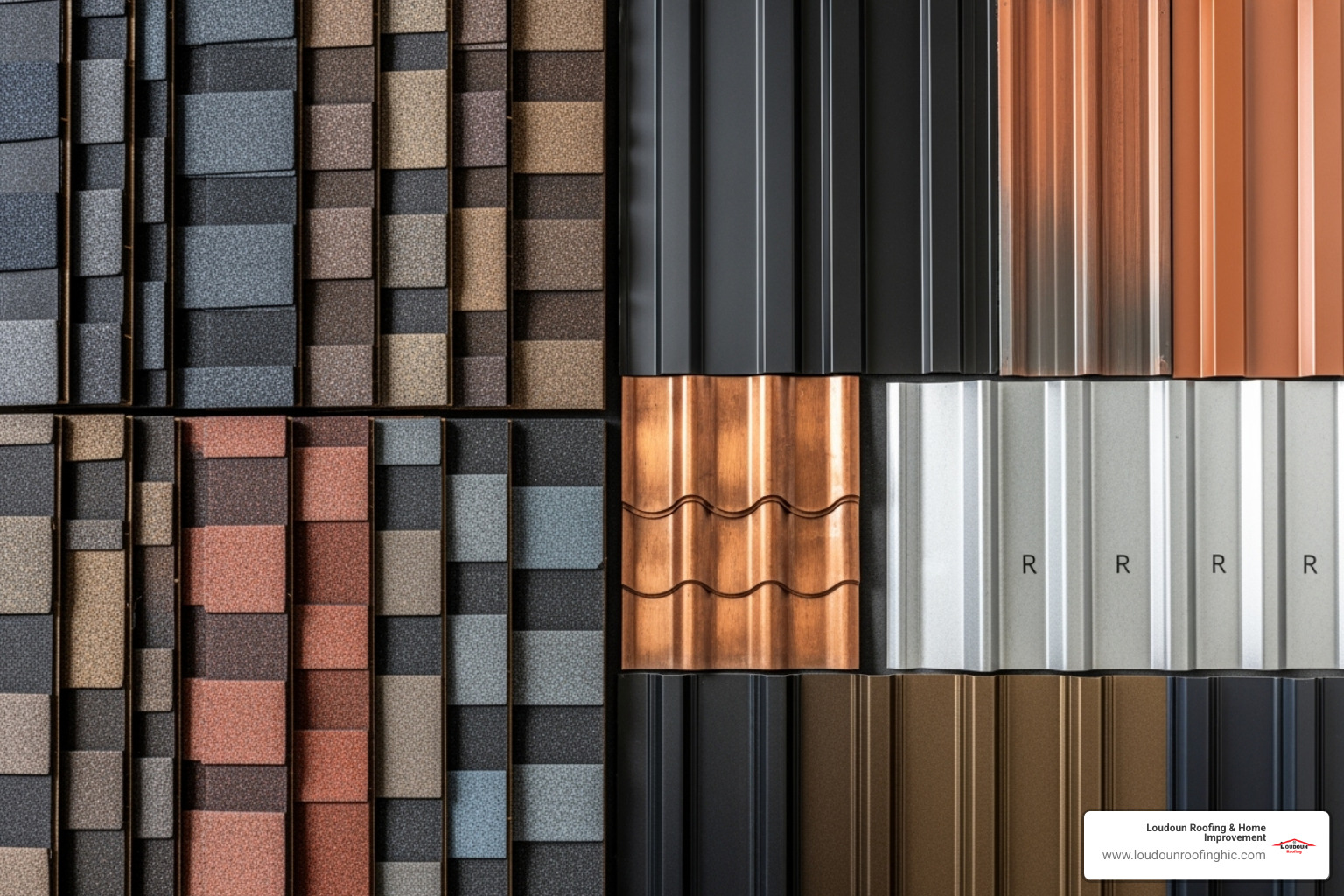 palette of different roofing materials like architectural shingles and metal panels - roof replacement Leesburg