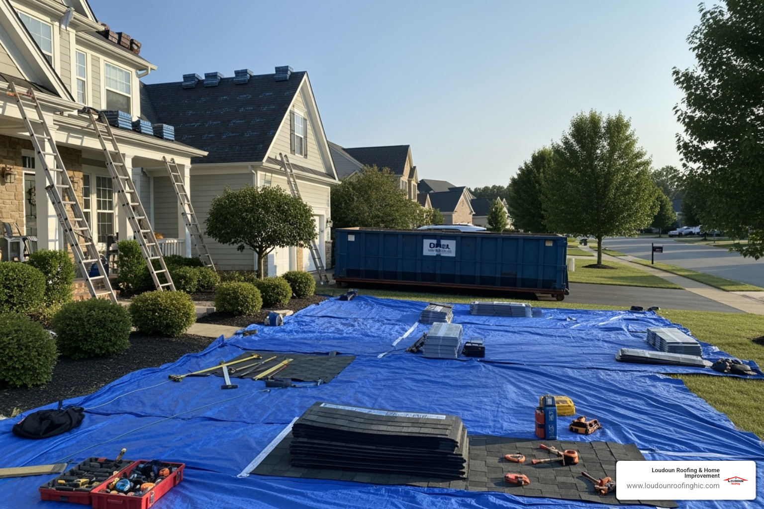clean and organized roofing job site with protective tarps in place - roof replacement Leesburg