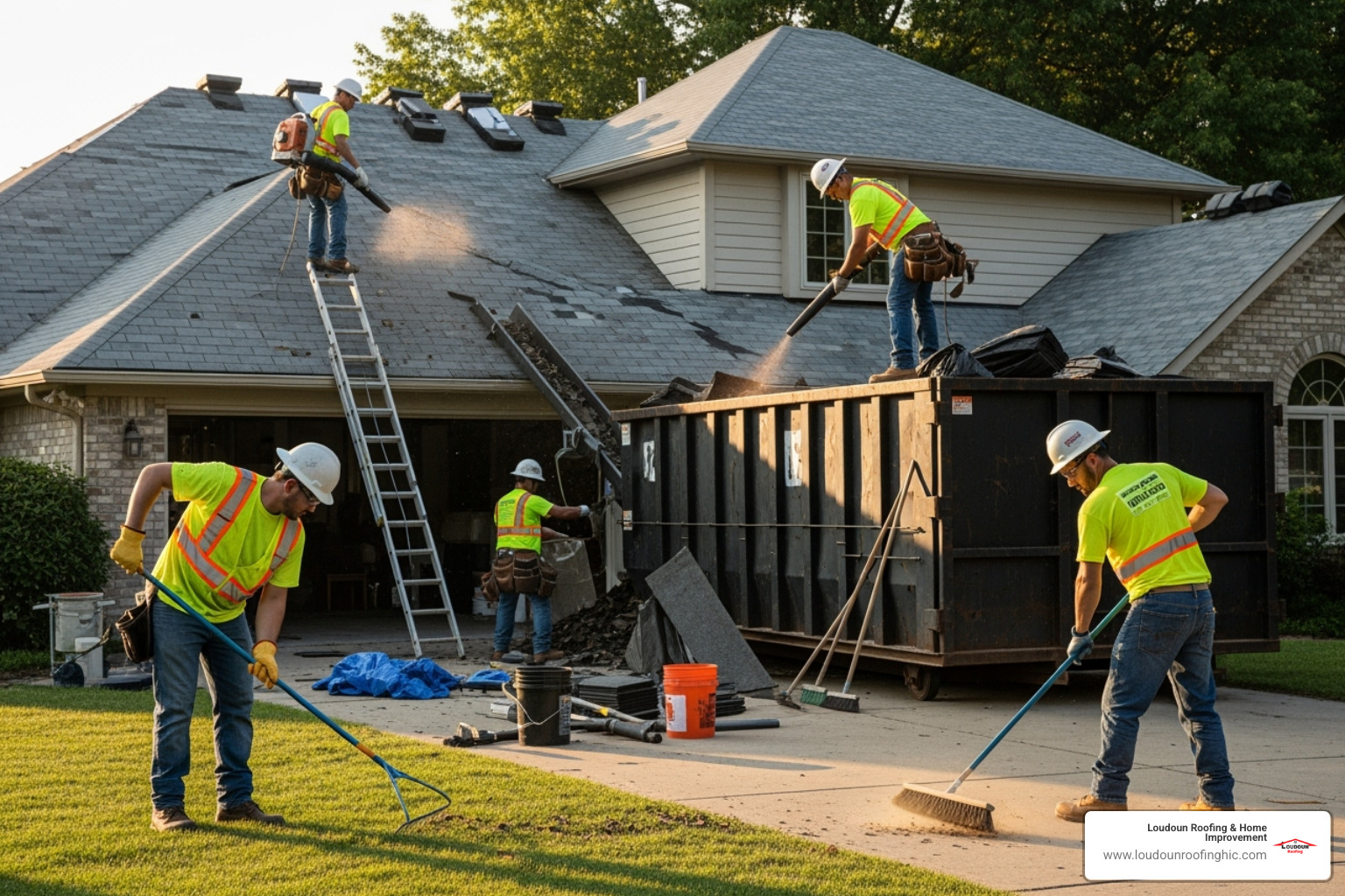A roofing team carefully cleaning up a job site - Northern Virginia roofing