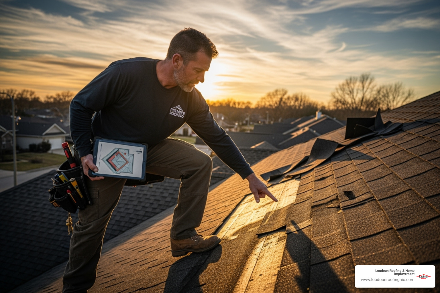 A roofing contractor inspecting a roof for storm damage - Northern Virginia roofing