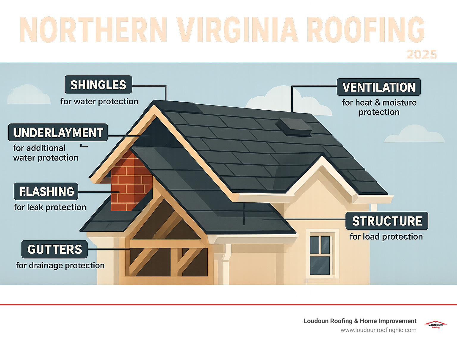 Infographic showing Northern Virginia roofing system components including shingles, underlayment, flashing, gutters, ventilation, and structural elements with labels for each component and their protective functions - Northern Virginia roofing infographic 