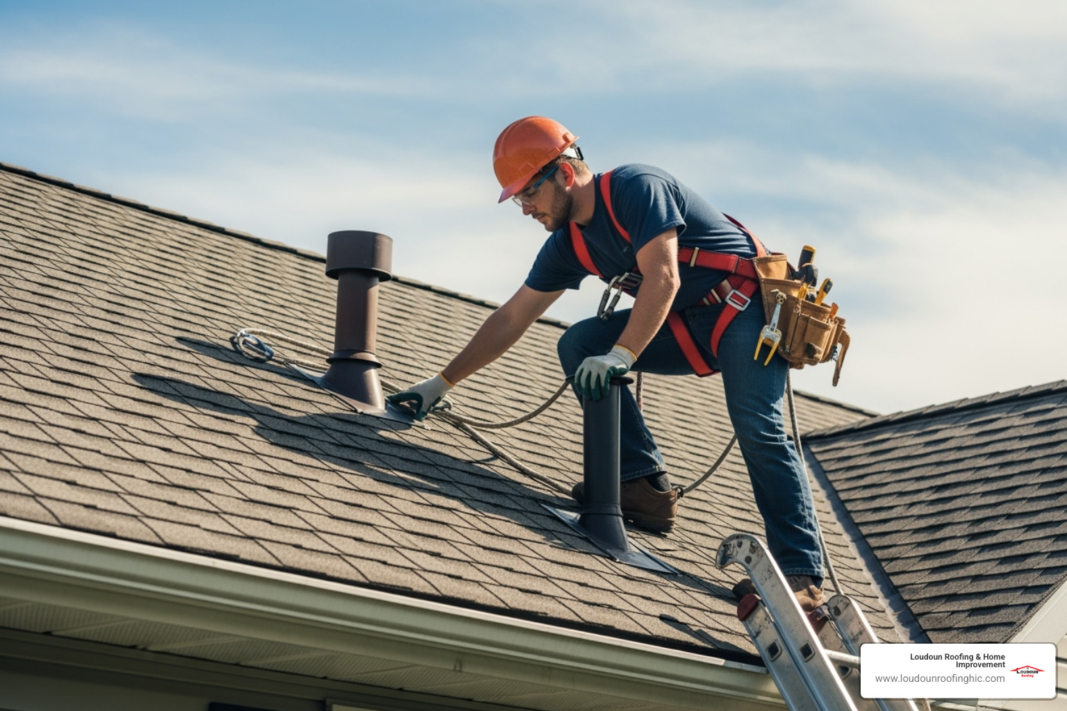 Professional roofer safely conducting a roof inspection - Loudoun County roofing