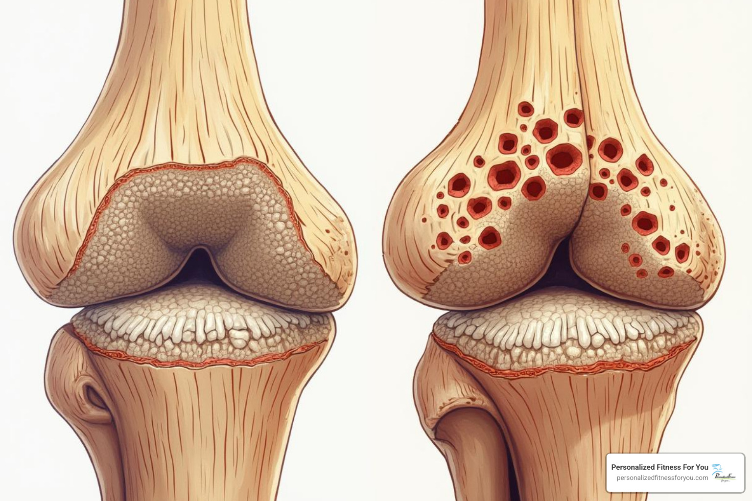 Image illustrating the difference between healthy bone and bone with osteoporosis, showing the denser, intact structure of healthy bone versus the porous, weakened structure of osteoporotic bone - bone density exercises for women Image illustrating the difference between healthy bone and bone with osteoporosis, showing the denser, intact structure of healthy bone versus the porous, weakened structure of osteoporotic bone - bone density exercises for women