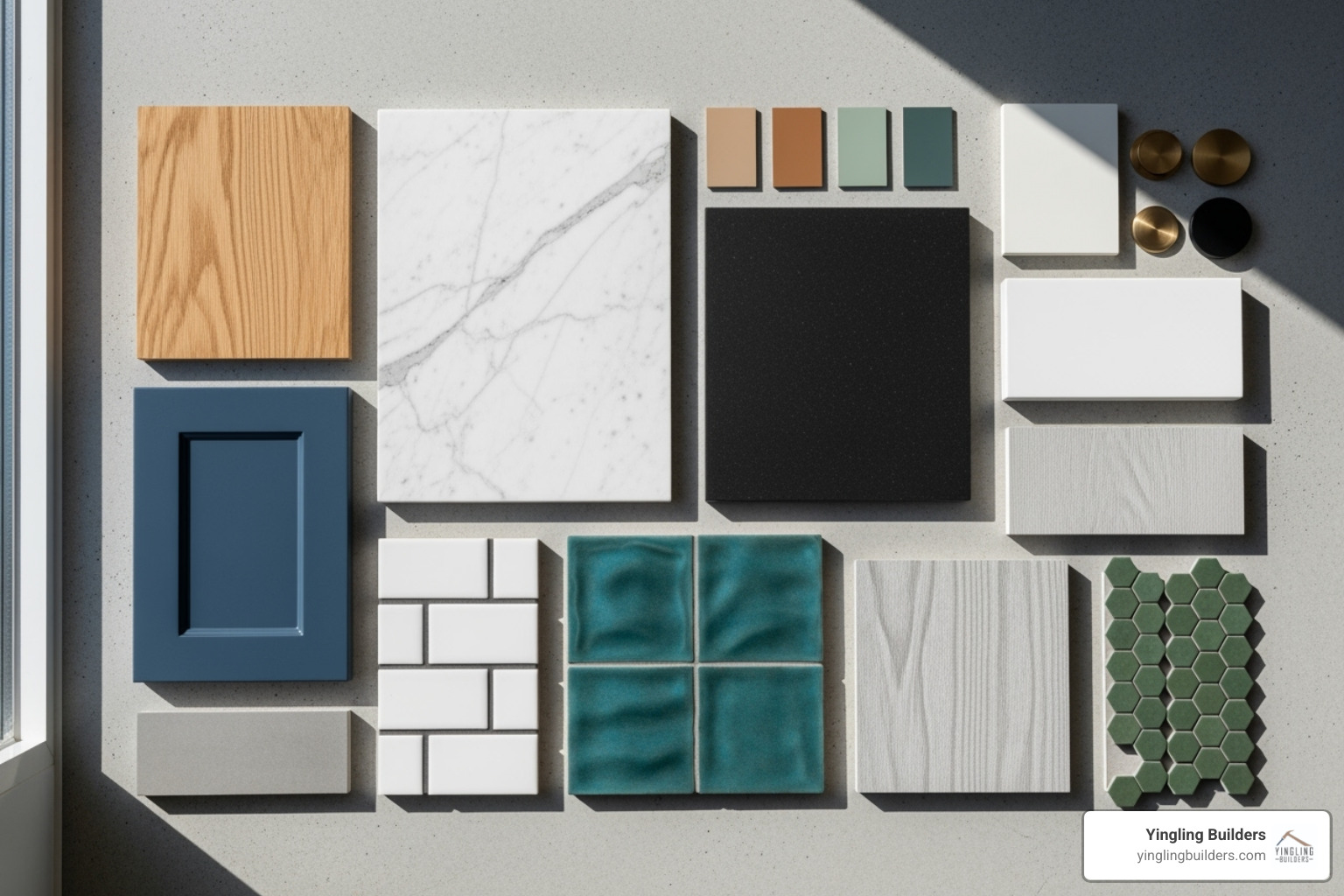 material selection palette with tile, countertop, and cabinet samples - kitchen and bathroom renovations