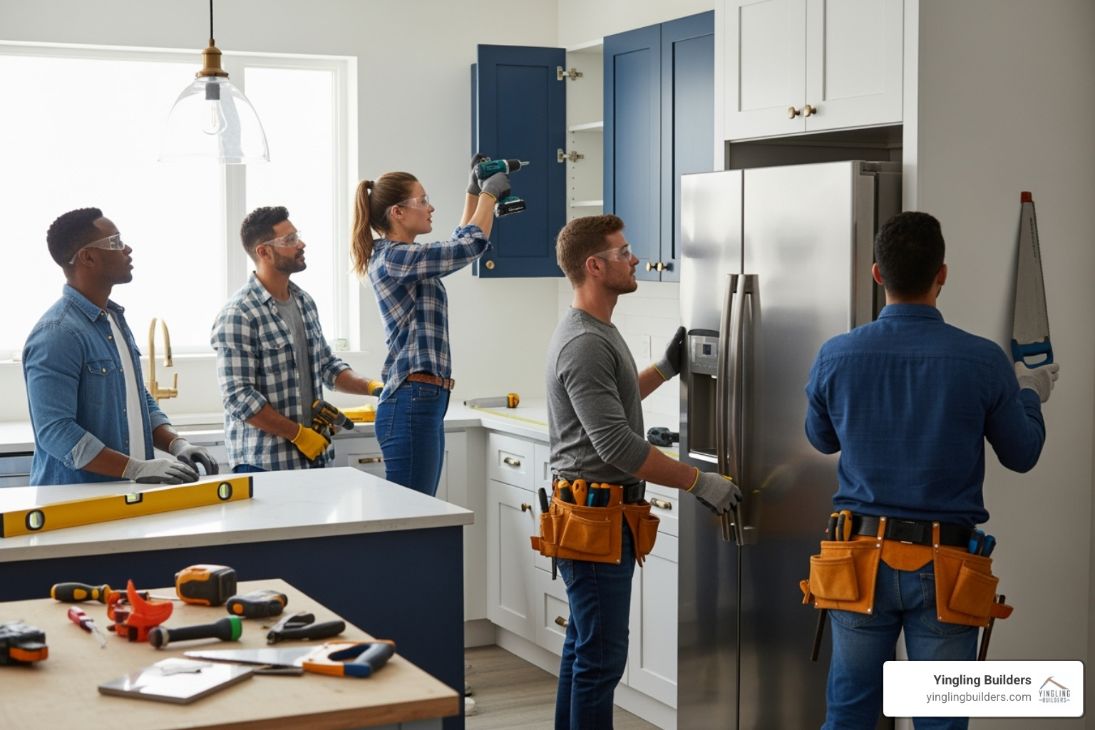 professional construction team working on a kitchen - kitchen and bathroom renovations