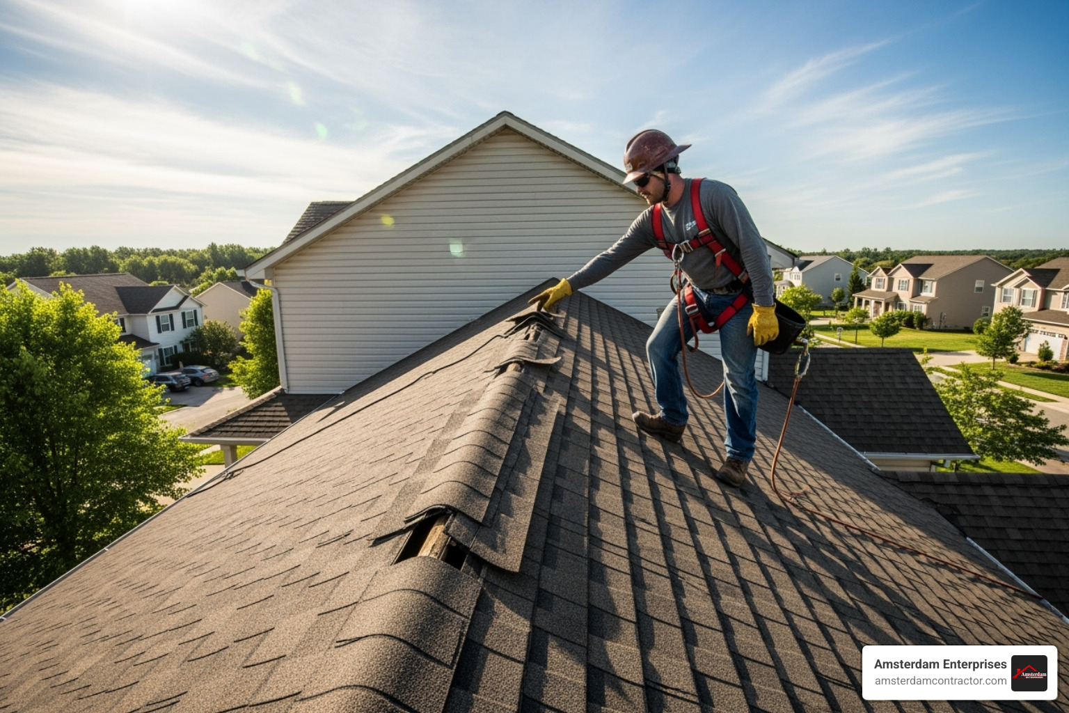 roofer pointing out damaged shingles - roofing contractor near me