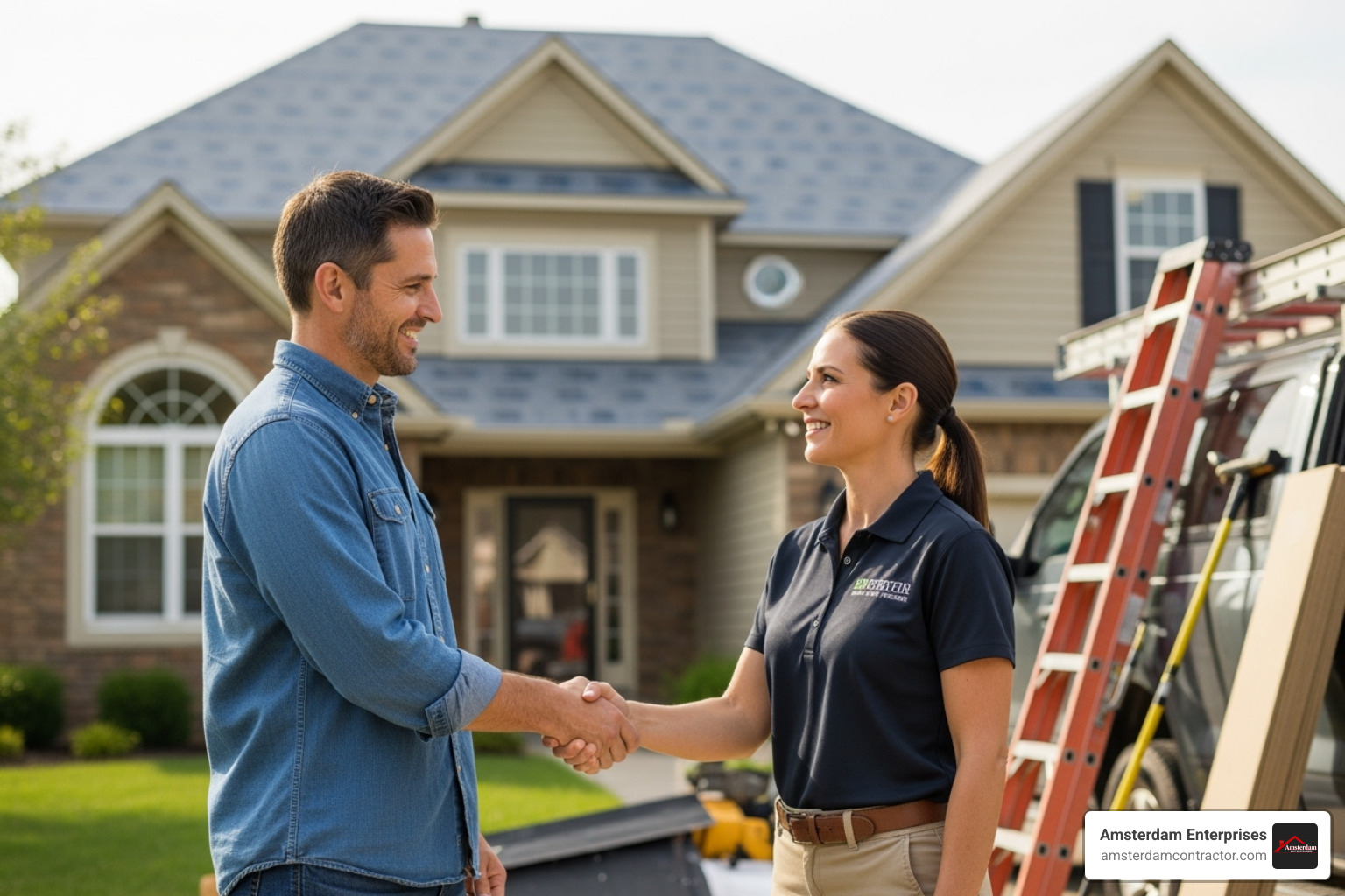 homeowner shaking hands with trusted contractor - roofing contractor near me