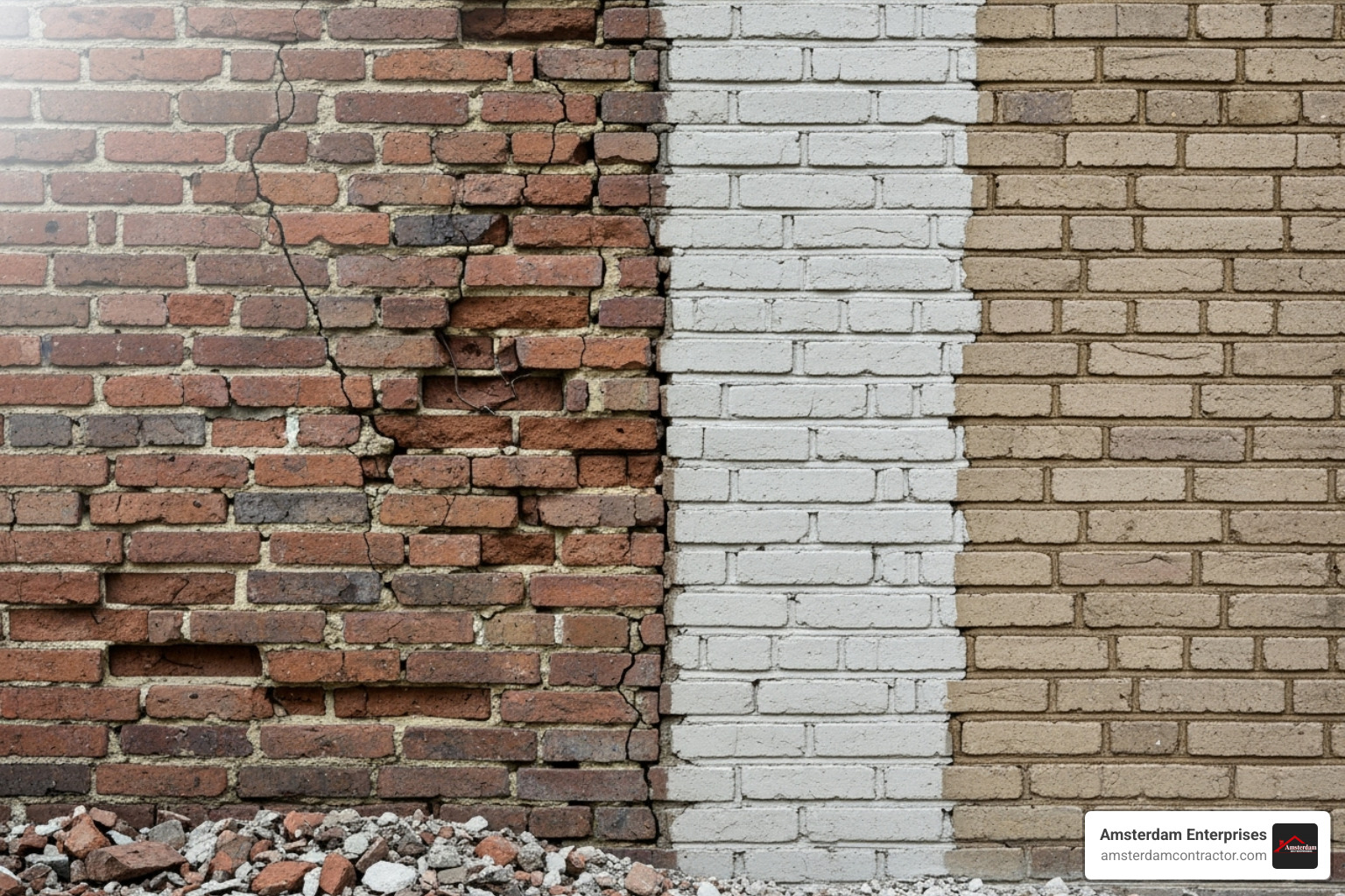 image comparing the visual difference between a wall that needs tuckpointing and one that has been freshly tuckpointed - how much does it cost to tuckpoint a 30 bricks