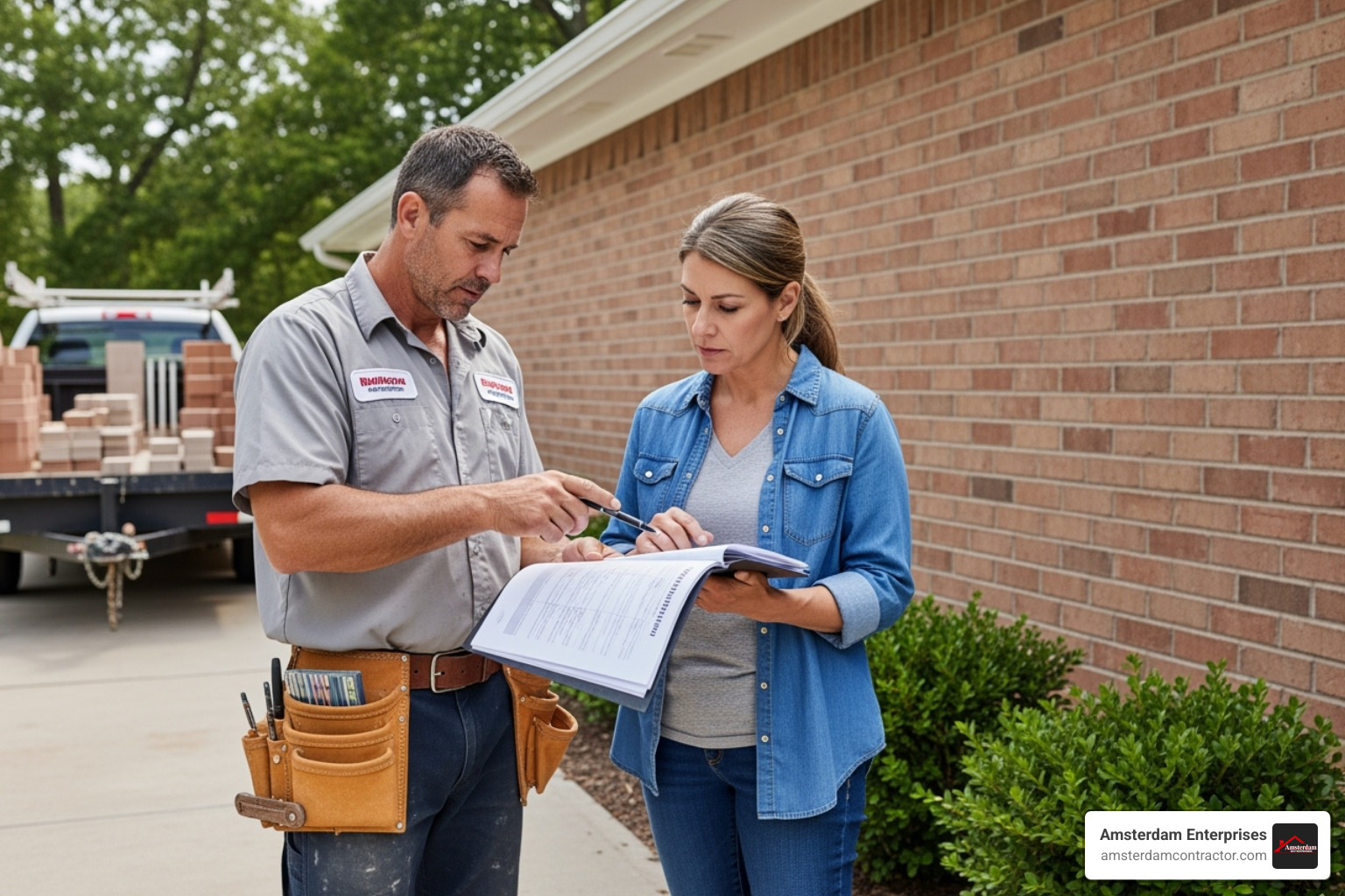 image of a contractor discussing a quote with a homeowner in front of a brick wall - how much does it cost to tuckpoint a 30 bricks