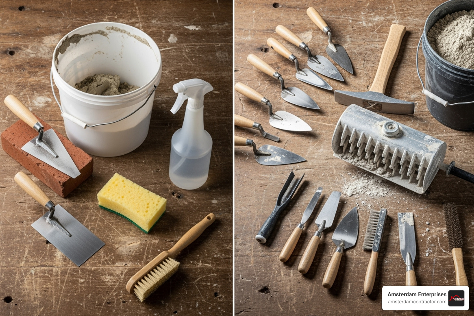 image showing a homeowner's DIY tuckpointing kit next to a professional mason's tools - how much does it cost to tuckpoint a 30 bricks