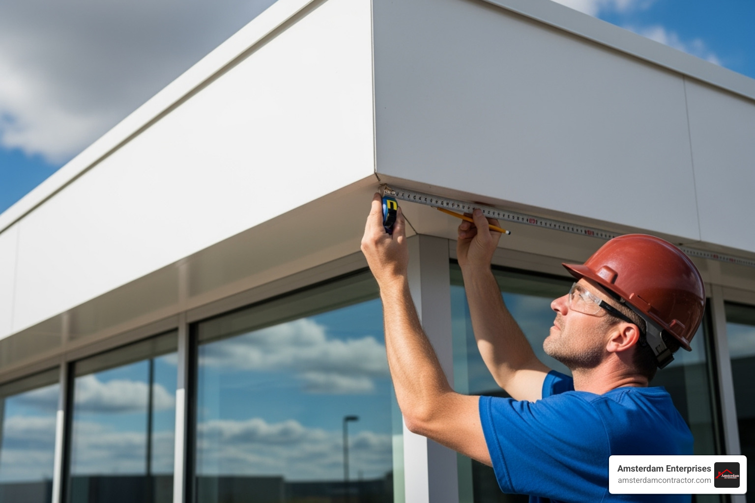 professional contractor measuring a fascia board on a commercial building - gutter installation professional contractor measuring a fascia board on a commercial building - gutter installation