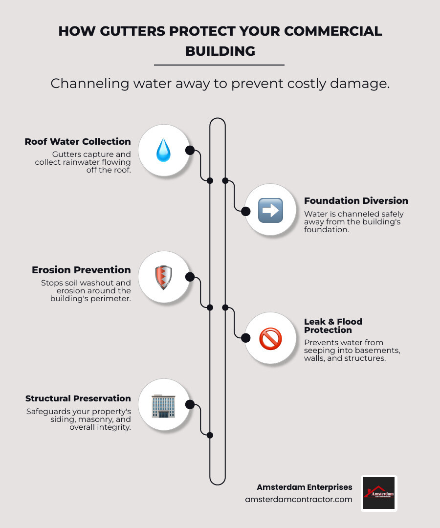Infographic explaining how gutters channel water from the roof, away from the building's foundation, preventing erosion and leaks - gutter installation infographic infographic-line-5-steps-neat_beige Infographic explaining how gutters channel water from the roof, away from the building's foundation, preventing erosion and leaks - gutter installation infographic infographic-line-5-steps-neat_beige