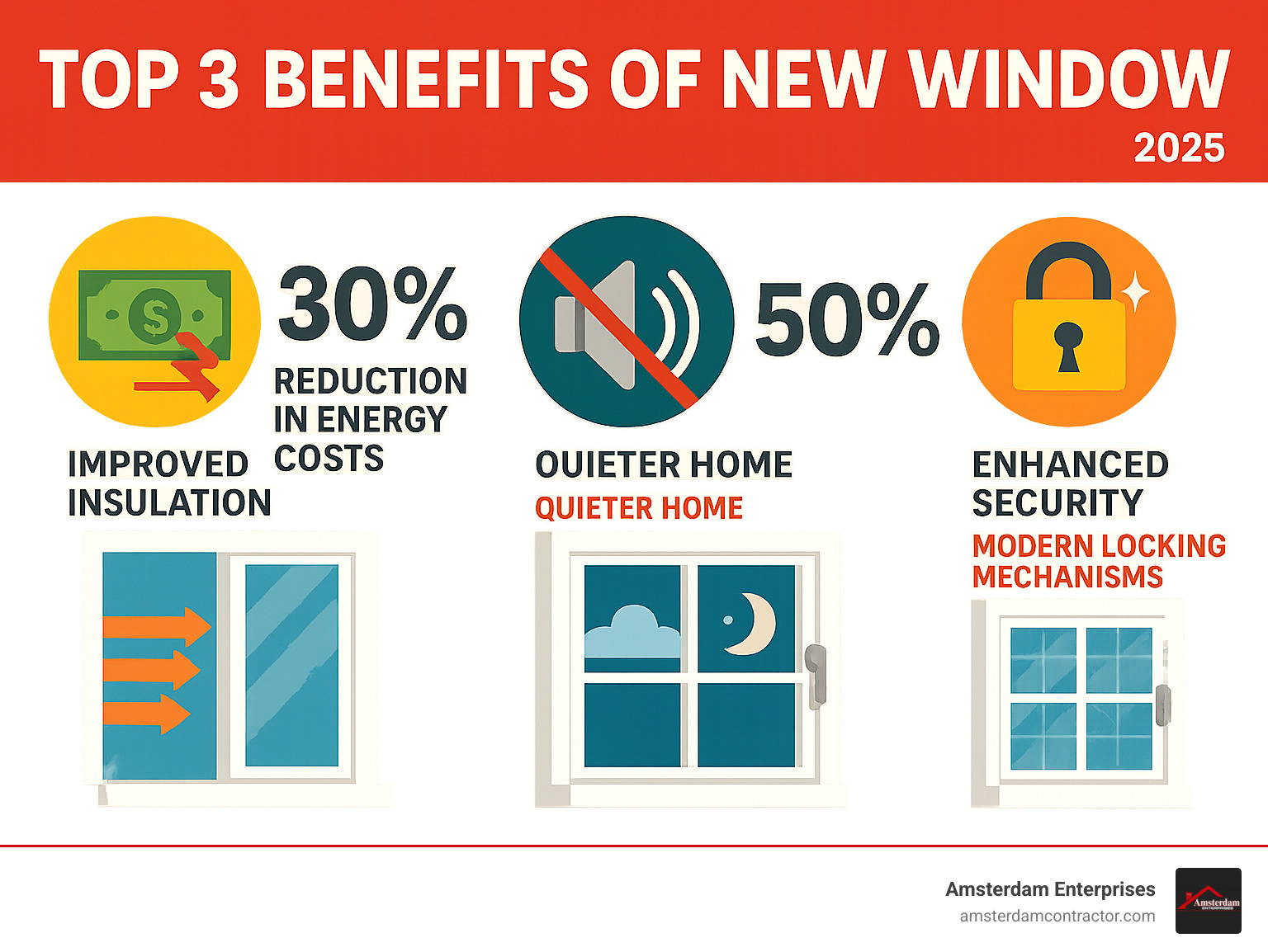 Infographic showing the top 3 benefits of new windows: 30% reduction in energy costs through improved insulation, 50% noise reduction for quieter homes, and improved security with modern locking mechanisms and impact-resistant glass - best window companies infographic 