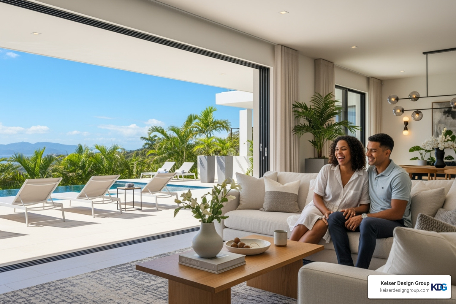 A woman and man smiling while sitting in a modern living room with large, retractable glass walls opening onto a patio and pool - modern architecture luxury homes