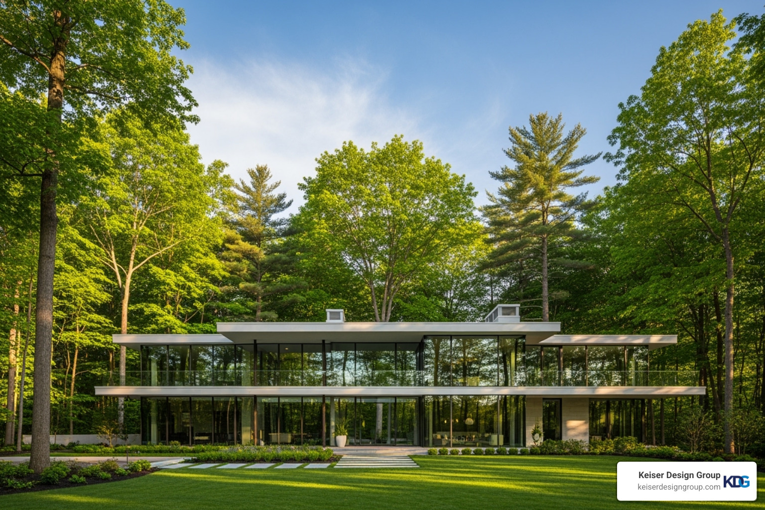 A modern glass-walled home surrounded by lush green trees and a clear blue sky - modern architecture luxury homes
