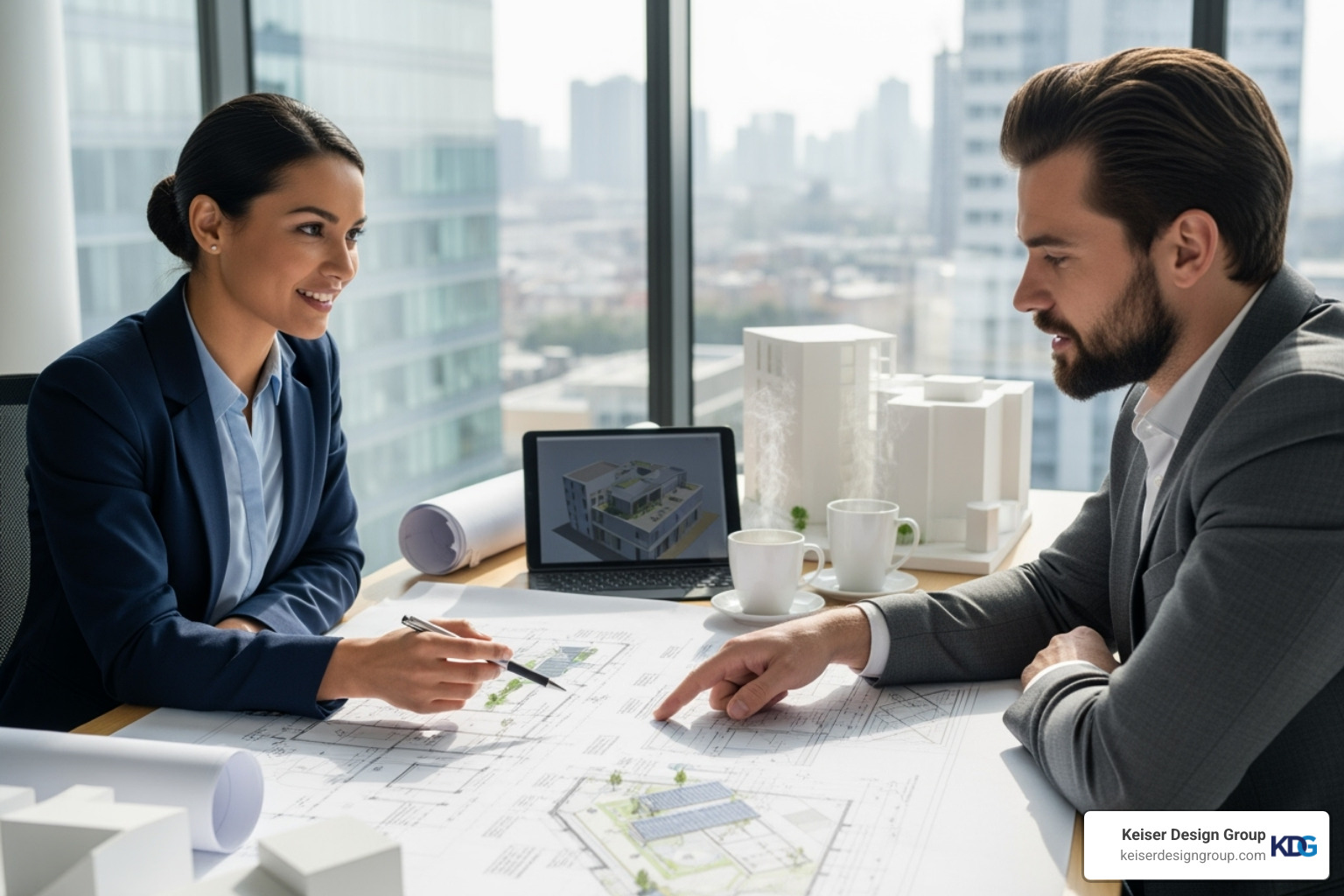 A female architect reviewing blueprints with a male client, discussing sustainable design elements like solar panels and water harvesting systems - modern architecture luxury homes