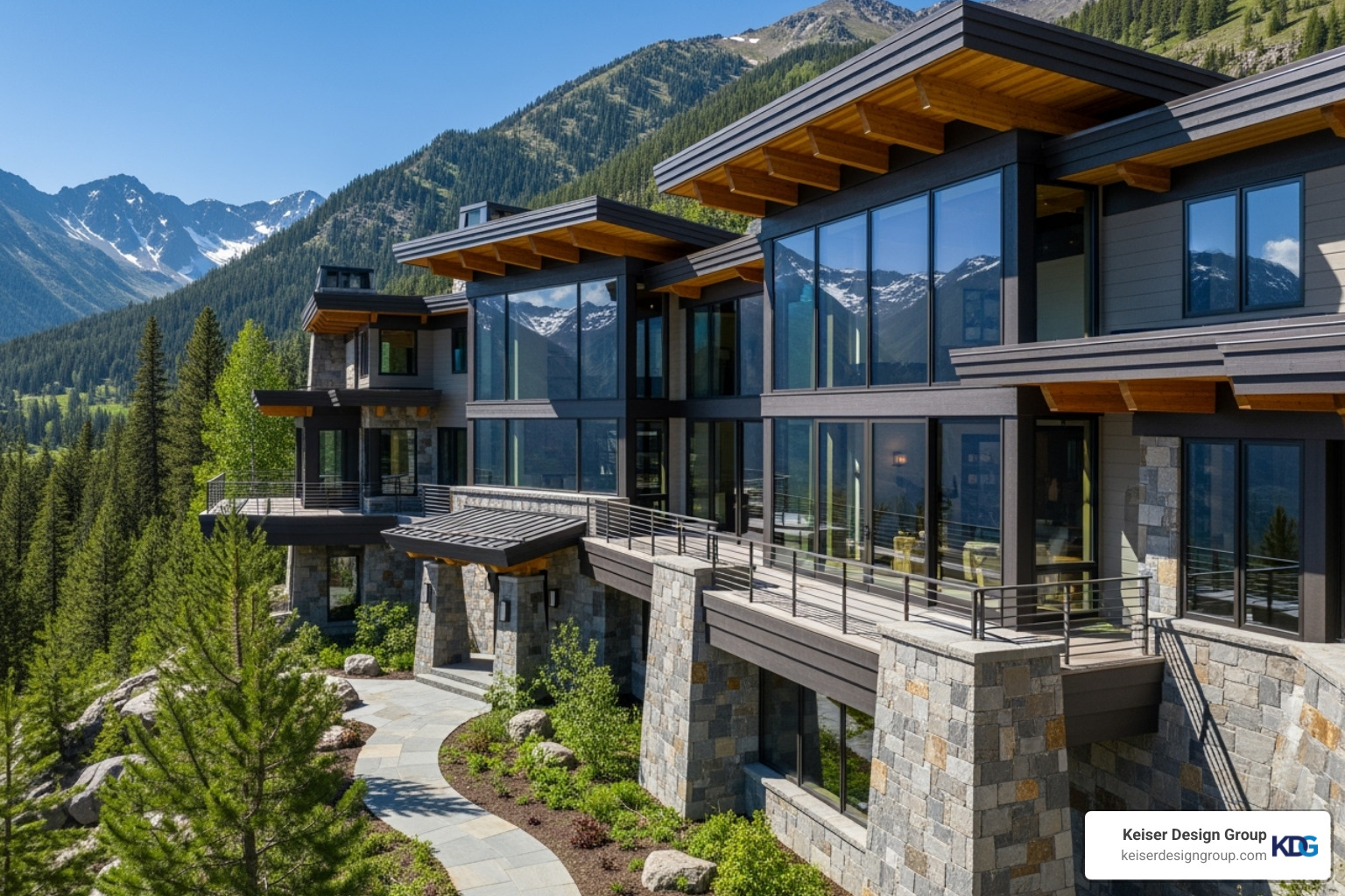 A modern home nestled in a mountain setting, with large windows, natural stone, and wooden accents - modern architecture luxury homes