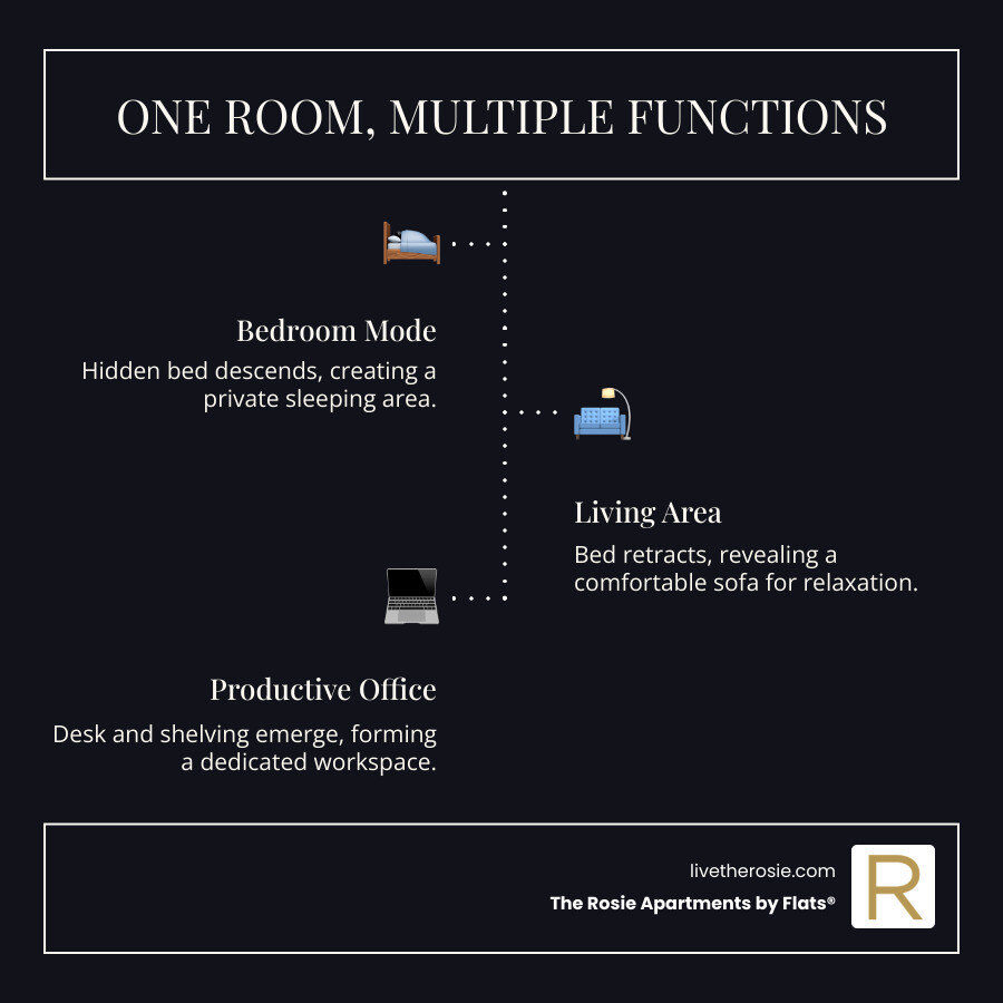 Infographic showing how a single room with an Ori system can transform from a bedroom (with a hidden bed) to a living room (with a sofa) and then to an office space (with a desk and storage), demonstrating flexible functionality - expandable apartments chicago infographic infographic-line-3-steps-dark