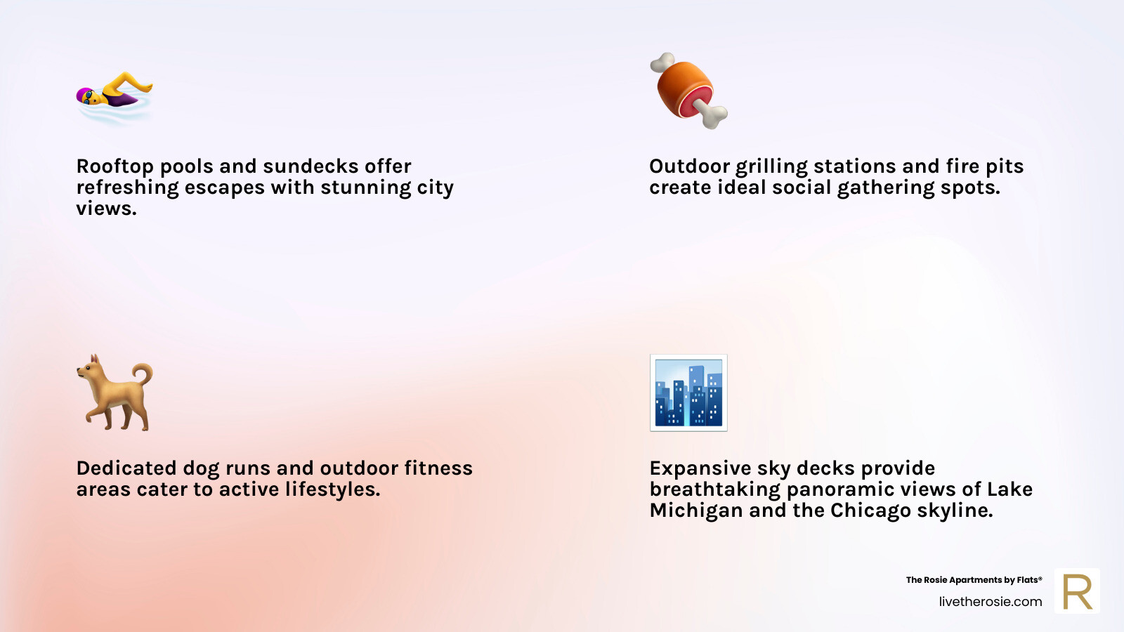 Infographic showing popular rooftop amenities in Chicago apartments including rooftop pools, grilling stations, fire pits, lounge seating areas, dog runs, outdoor fitness spaces, and sky decks with panoramic city and lake views - rooftop apartments Chicago infographic 4_facts_emoji_light-gradient Infographic showing popular rooftop amenities in Chicago apartments including rooftop pools, grilling stations, fire pits, lounge seating areas, dog runs, outdoor fitness spaces, and sky decks with panoramic city and lake views - rooftop apartments Chicago infographic 4_facts_emoji_light-gradient