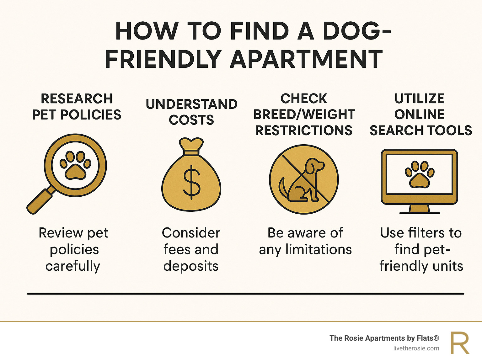 Infographic detailing the key steps to finding a dog-friendly apartment, including researching pet policies, understanding costs, identifying pet-friendly amenities, checking breed/weight restrictions, and utilizing online search tools. - apartments for rent that take dogs infographic 